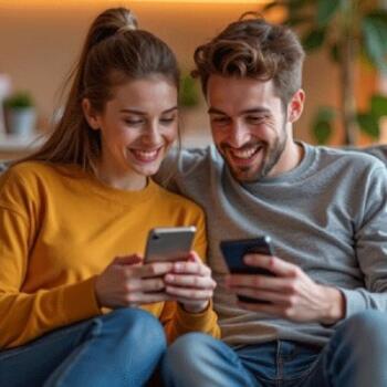 Junge Frau und junger Mann schauen auf ihr Smartphone und freuen sich